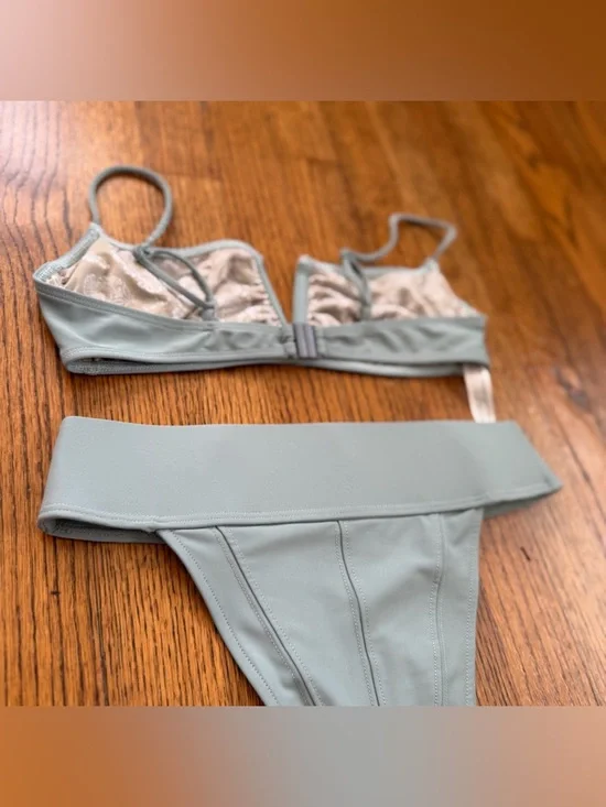 Free People V-Neck Top & Dylan High Waist Bottom in Slate Blue Bikini Swim Set - Picture 8 of 8